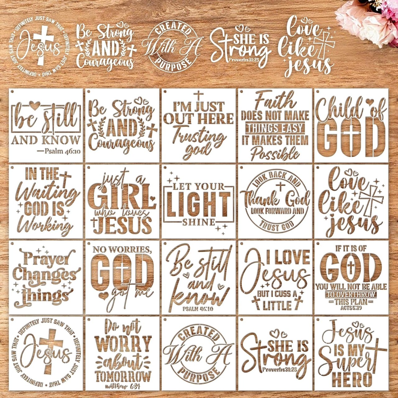 20 PCS Inspirational Christian Stencils for Painting – Reusable Bible Quote Templates for Wood Signs, Wall Art, Canvas, Church Crafts & DIY Religious Home Decor